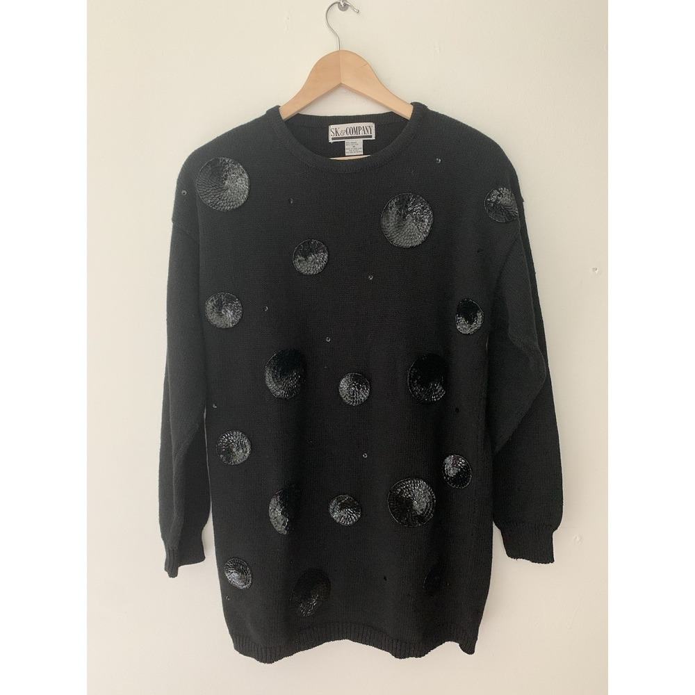 VTG Sk & Company 80s Sweater Black Sequins Shoulder Pads Whimsical Circles Fun